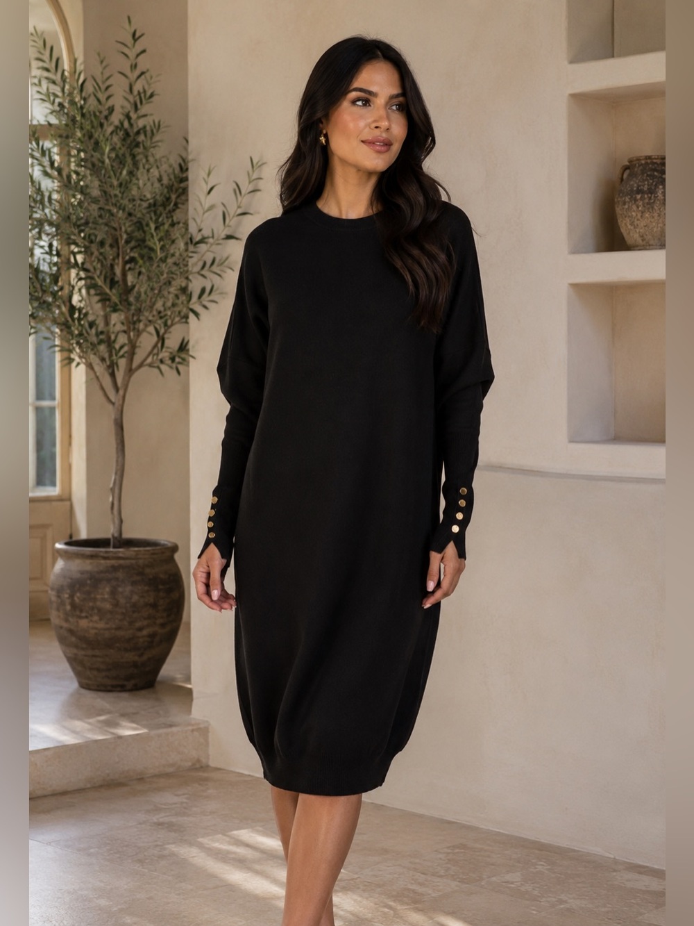 NEW Aleeza Paris Black Knit Dress – Gold Button Sleeves – XS (Fit Up to a Small)